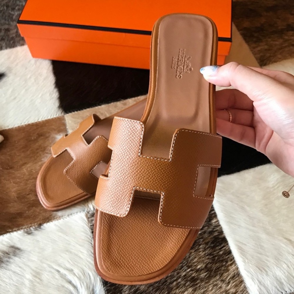 Hermes Oran Slide Sandals In Brown Epsom Calfskin HERMESHS5272